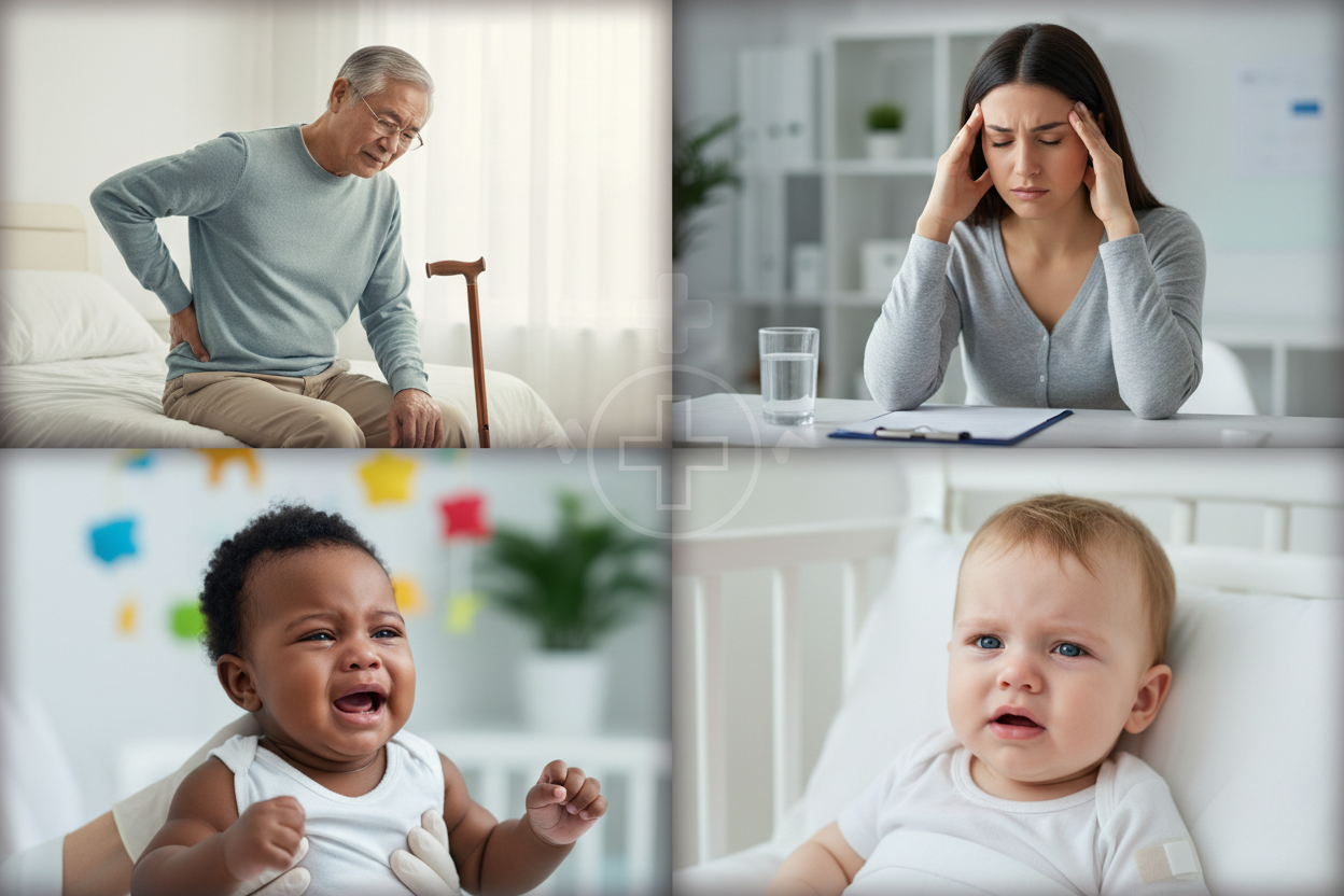 collage of image with elder person experiencing pain and a Woman experiencing Pain and Baby girl and boy. with different racial profiles