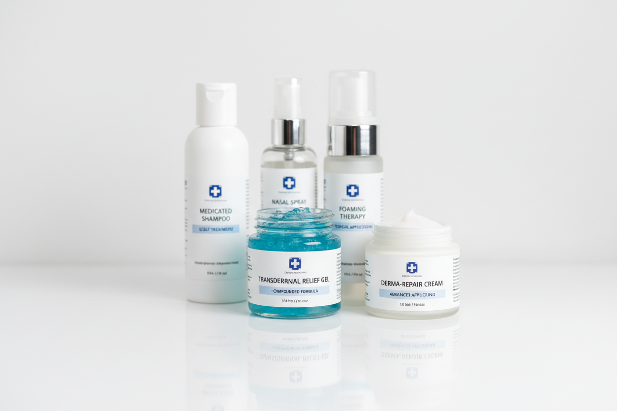 CImage with various compounded product types like gels, creams, Foams, Sprays and Shampoos