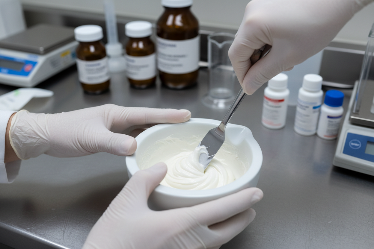 Close-up of a pharmacist mixing a specialized topical cream for skin care